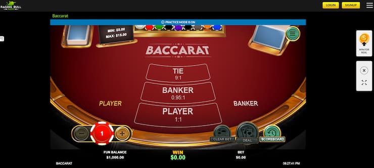 A screenshot of an online baccarat game at Raging Bull, a top option among the best online baccarat casinos.